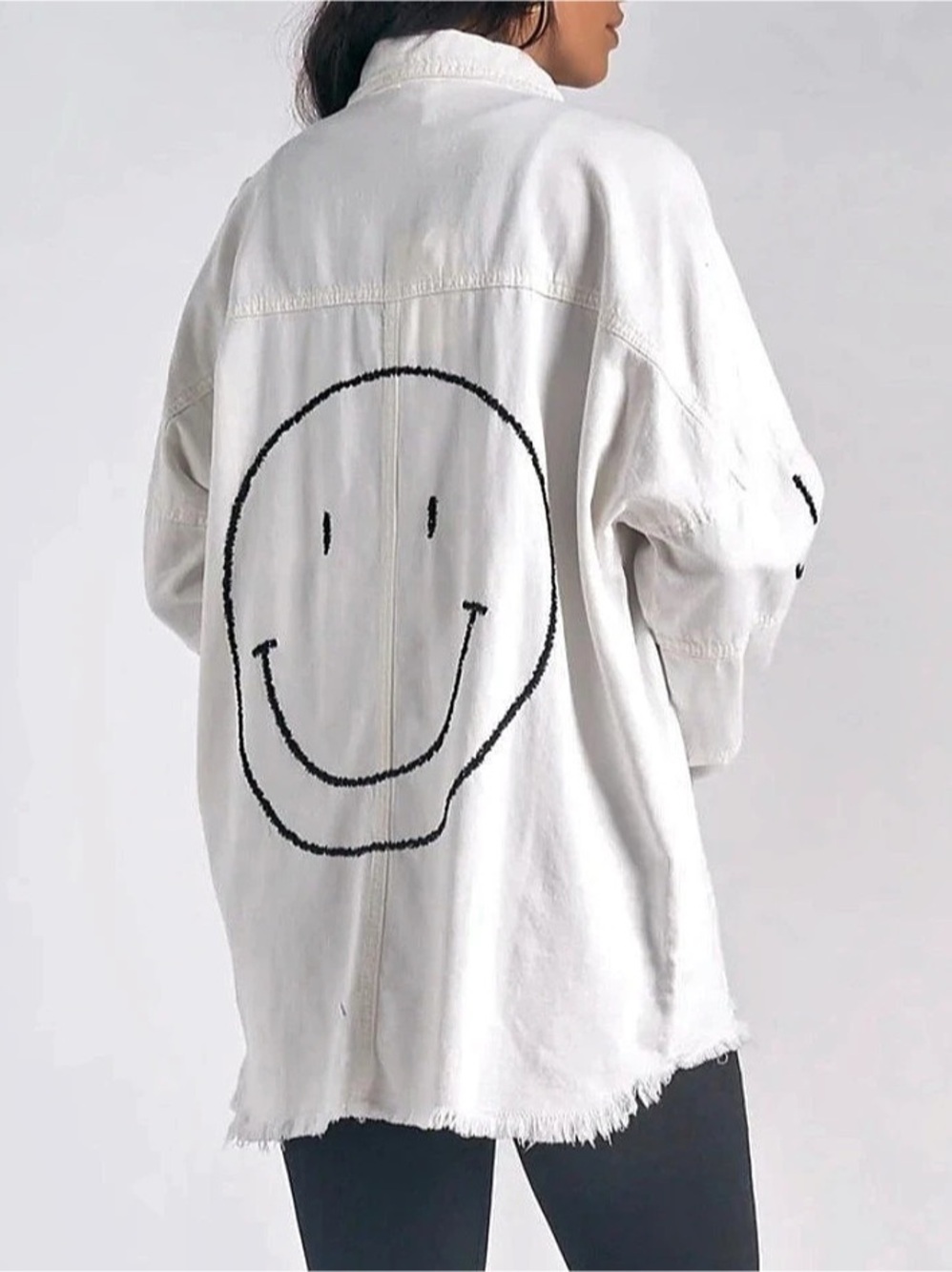 Elan Dolly Smiley Face Shacket White Jean Jacket Large